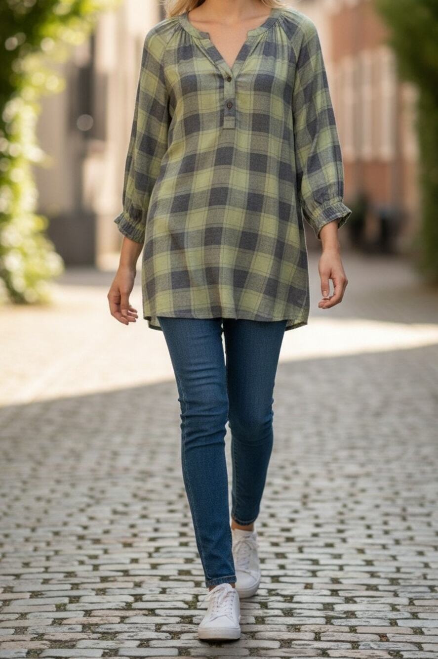 Caffe Marrakesh Women's Medium Green Plaid Pullover Top 3/4 Sleeve Shirt NWT